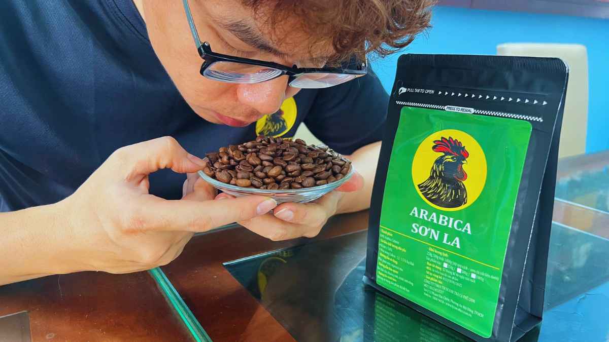 Bao bì và hạt cà phê Arabica Sơn La specialty, rang vừa, hương vị trái cây.