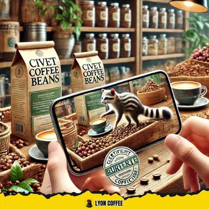 Người chọn hạt cafe chồn Robusta trong cửa hàng, kiểm tra chất lượng