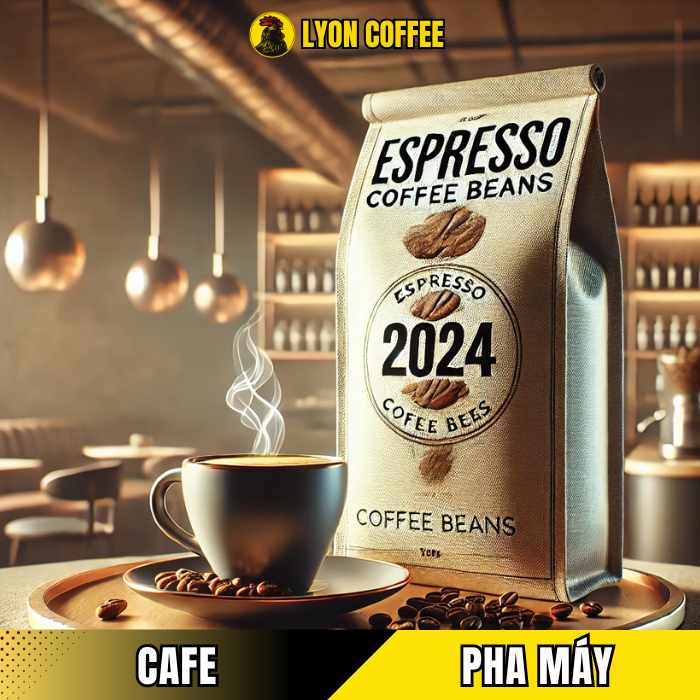 Giá cà phê hạt pha máy Espresso cho quán năm 2024,' với tông màu ấm, ly cà phê và hạt Espresso nổi bật trong khung cảnh quán cà phê hiện đại, nhấn mạnh thông điệp về xu hướng và giá trị sản phẩm trong năm mới