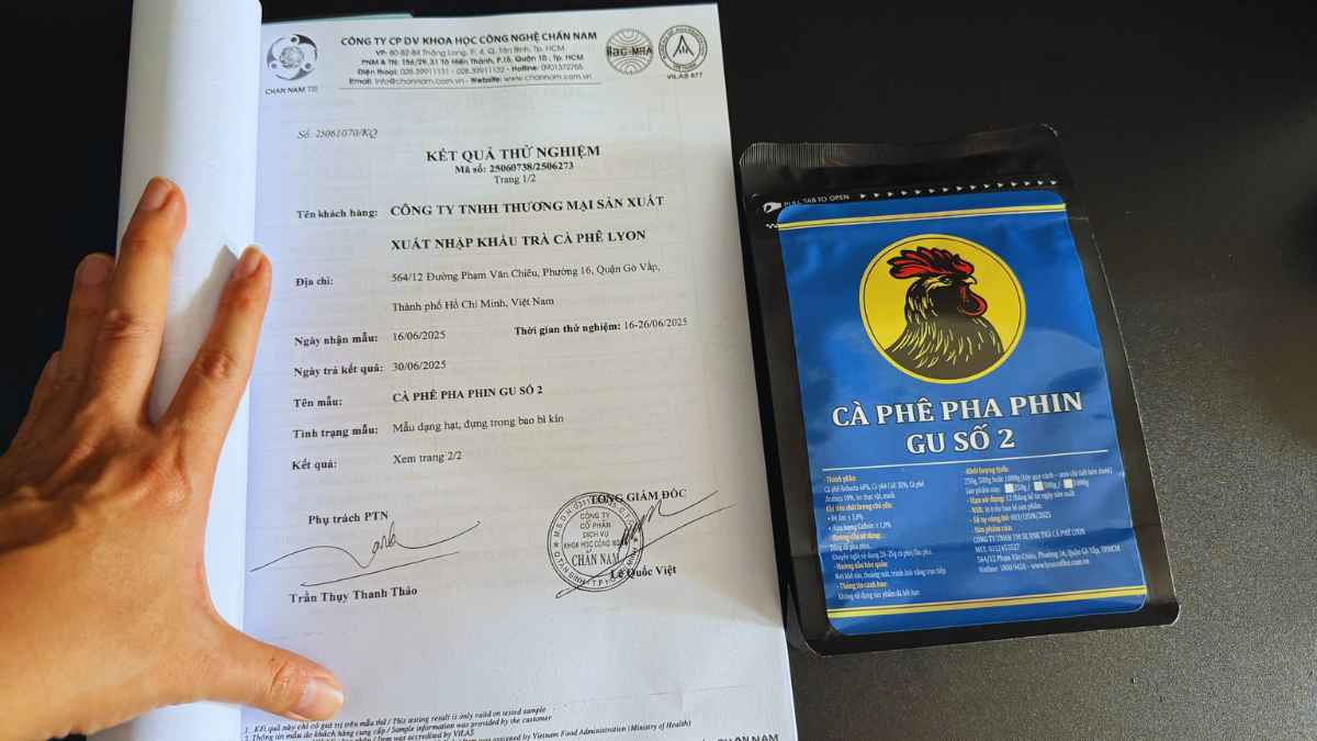 Giấy kiểm định cà phê gu số 2 tại Chấn Nam, minh bạch thành phần rõ ràng.