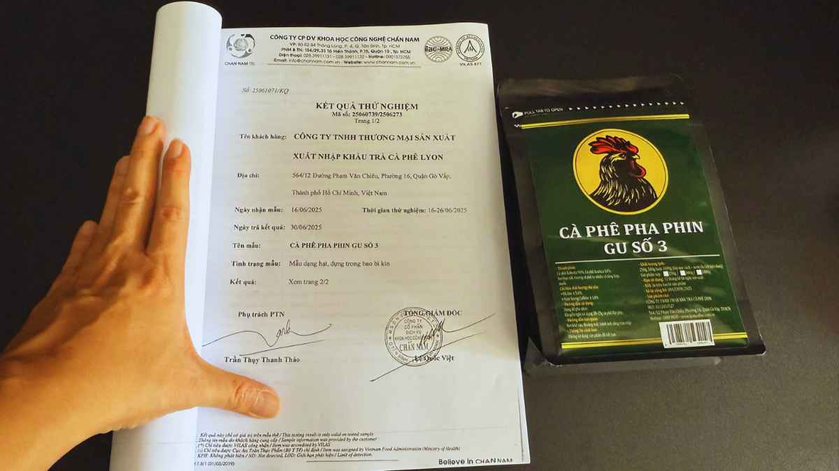 Giấy chứng nhận kiểm định cà phê gu số 3, minh bạch thành phần.