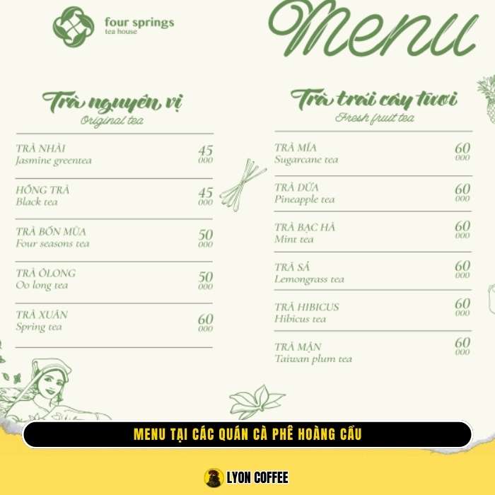 Menu tại các quán cà phê Hoàng Cầu