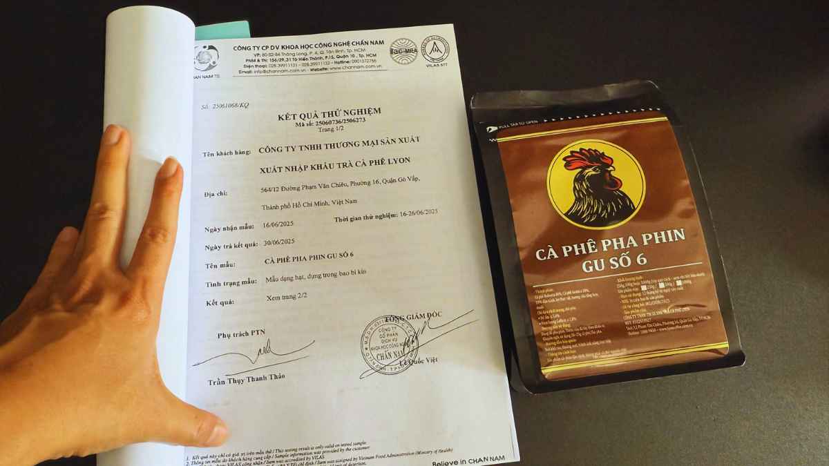 Giấy kiểm định caffein 2,43% gu số 6, chứng nhận minh bạch.