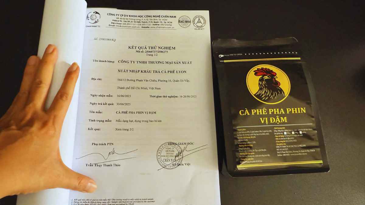 Giấy chứng nhận kiểm định chất lượng cà phê phin vị đậm.