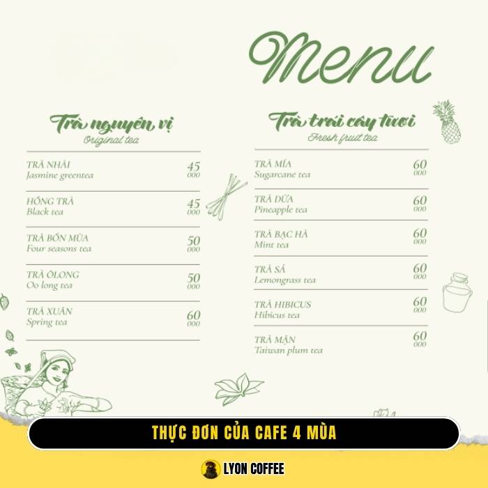 menu quán Cafe 4 mùa Trần Phú Nha Trang