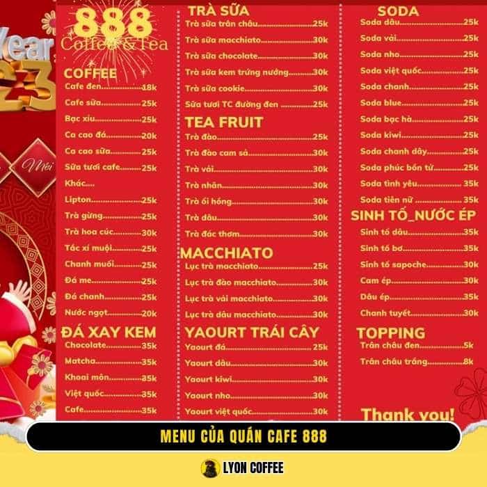 Menu của quán cafe 888 Hưng Yên