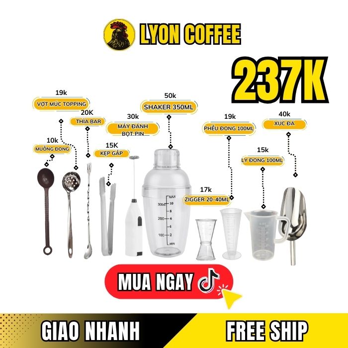 Combo dụng cụ pha chế 10 món chuyên nghiệp dành cho quán cafe, trà sữa, cocktail