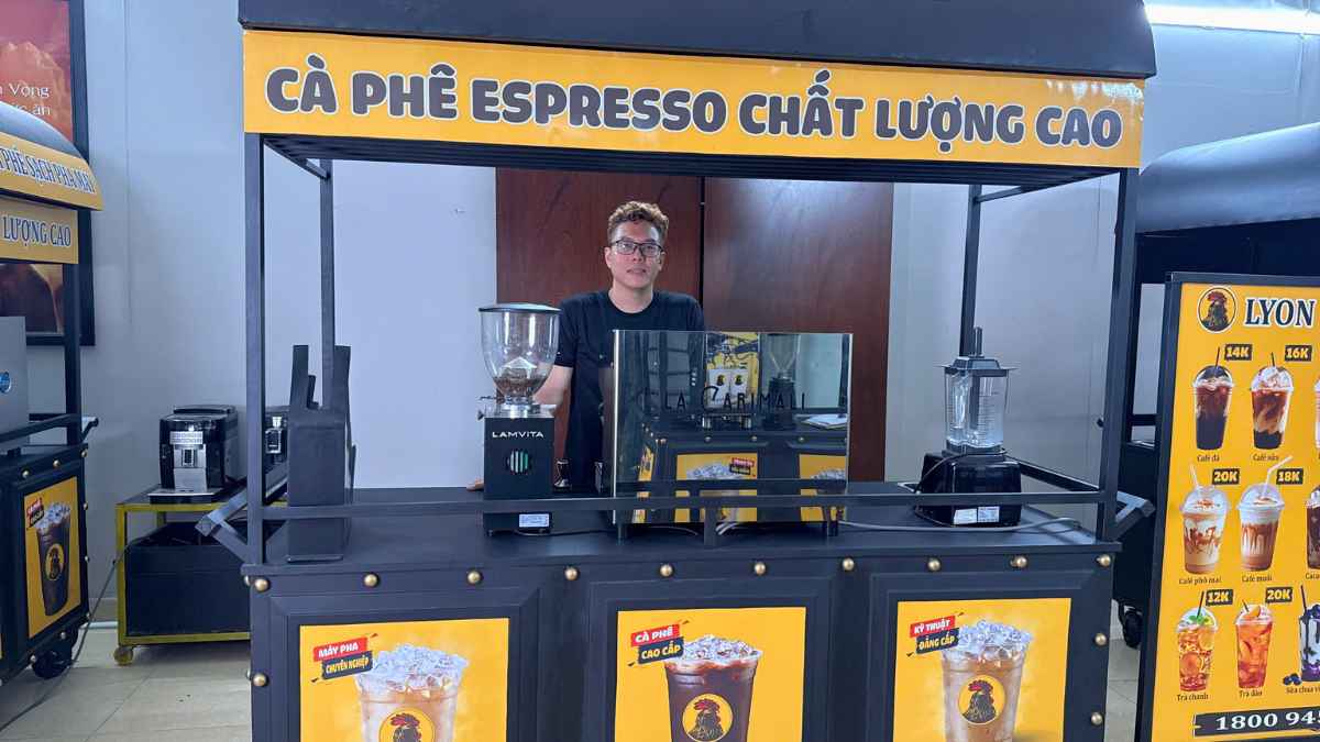 Xe mái vòm 200 cm Lyon Coffee – workflow barista 2 vị trí chuyên nghiệp.
