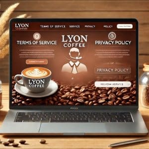 Giao diện trang web Lyon Coffee với điều khoản sử dụng và chính sách bảo mật rõ ràng, hiển thị trên màn hình laptop với nền là hạt cà phê, tách cà phê và biểu tượng dịch vụ khách hàng hỗ trợ