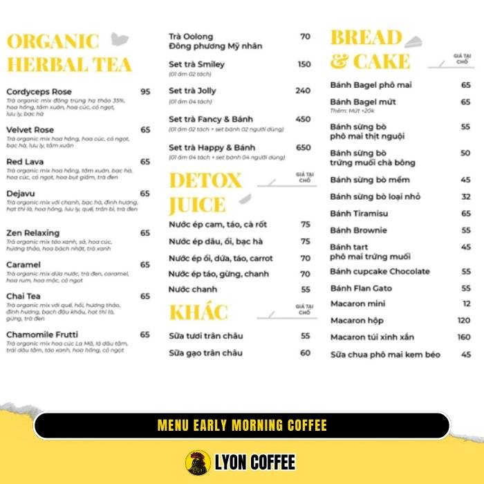 Review đánh giá menu cafe, thực đơn của quán cafe Early Morning Coffee & Tea