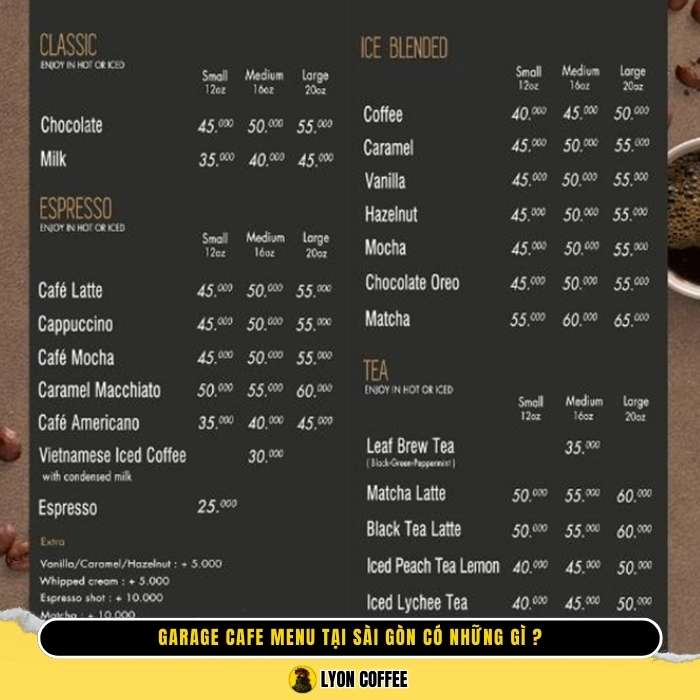 Review hình ảnh menu Garage Cafe tại Sài Gòn có những gì