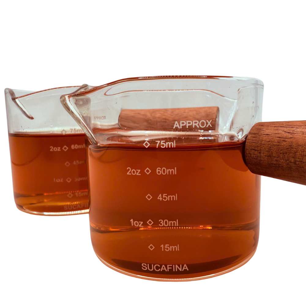 Ly đong espresso bằng thuỷ tinh cán gỗ định lượng 75ml