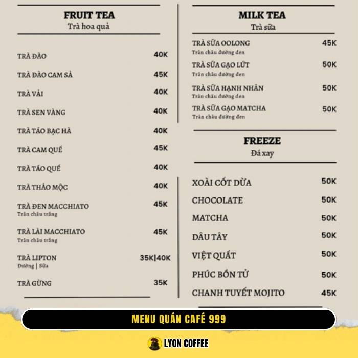 menu thực đơn quán cafe 999 ở Mộc Châu Sơn La