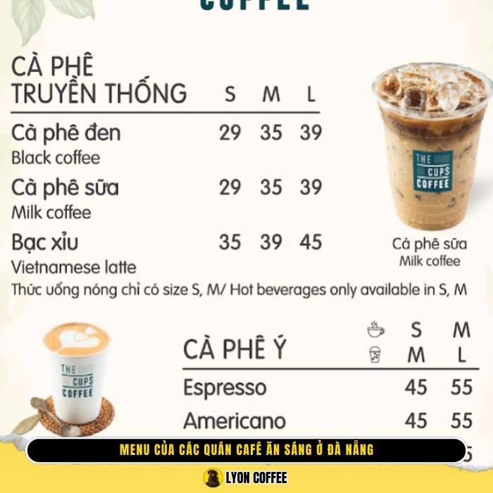 Menu của các quán cafe ăn sáng ở Đà Nẵng