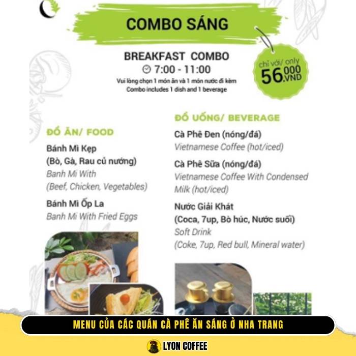 Menu combo của các quán cà phê ăn sáng ở Nha Trang