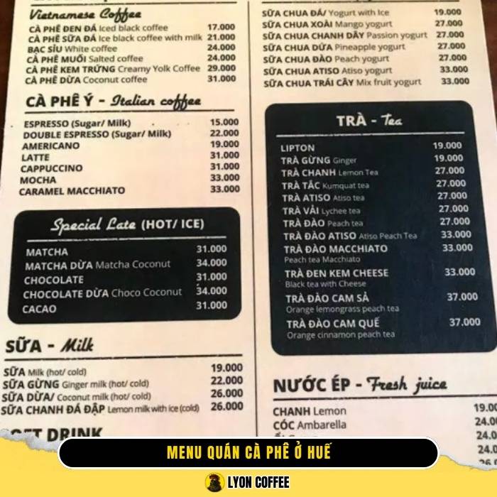 Hình ảnh menu thực đơn các quán cà phê view đẹp ở thành phố Huế