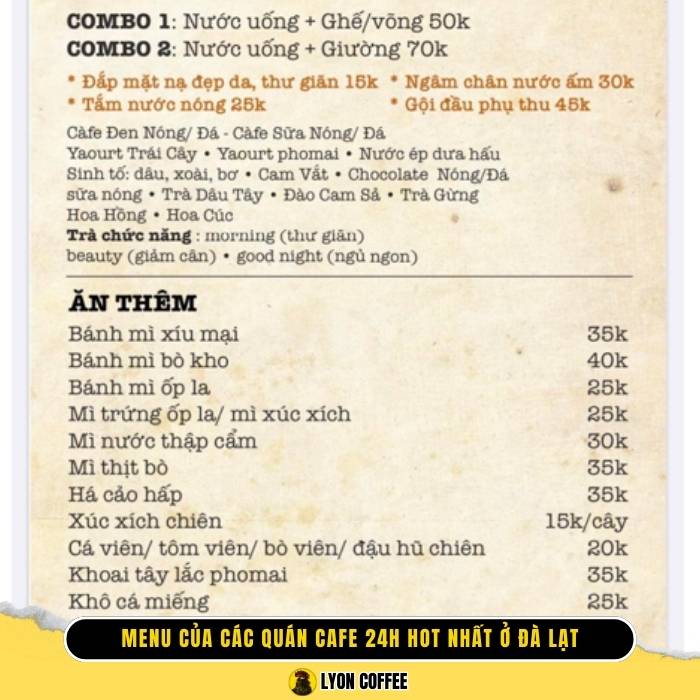 Review menu các quán cafe mở cửa xuyên đêm 24/24h ở Đà Lạt