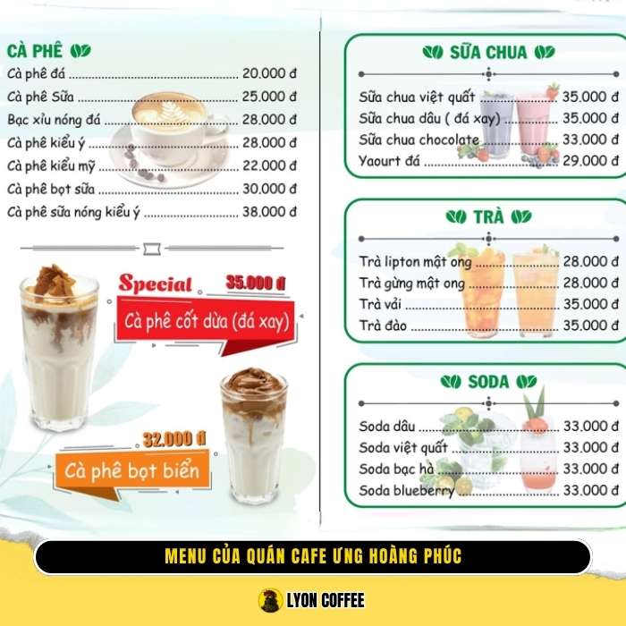 Review menu của quán cafe Ưng Hoàng Phúc