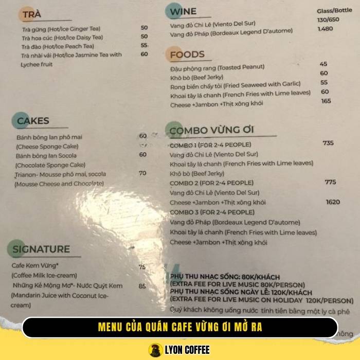 menu thực đơn của quán cafe Vừng Ơi Mở Ra
