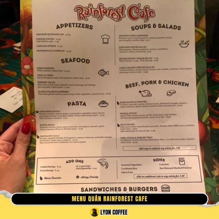 Hình ảnh menu thực đơn The Rainforest Cafe ở Disney World