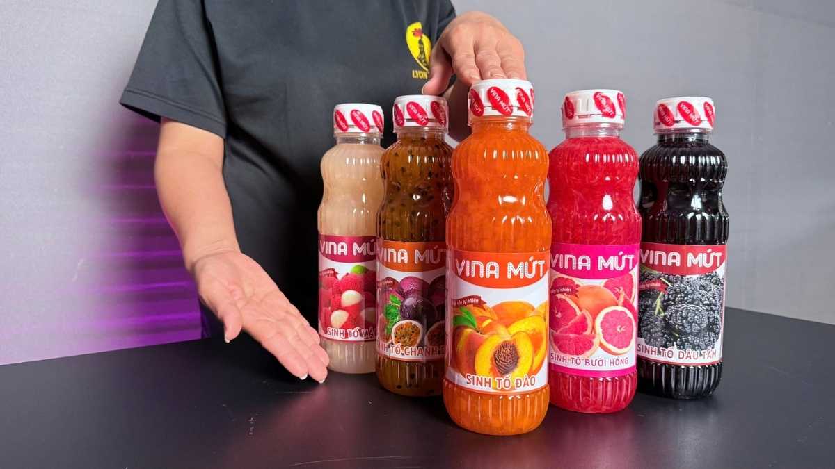 Logo Vina Mứt San Hô Xanh bên cạnh chai Sinh Tố Vina Đào