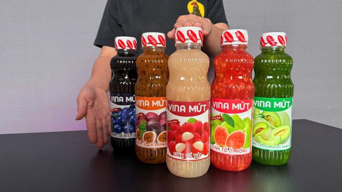 Logo Vina Mứt San Hô Xanh và chai Sinh Tố Vina Vải trên nền trắng